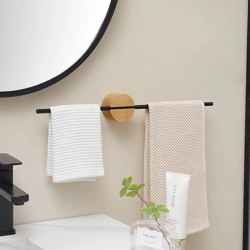Wooden Base Black Towel Rack 10MM Thick Solid Rod Wall Mounted Bathroom Hardware Rustproof High Temperature Paint Towel Bar for
