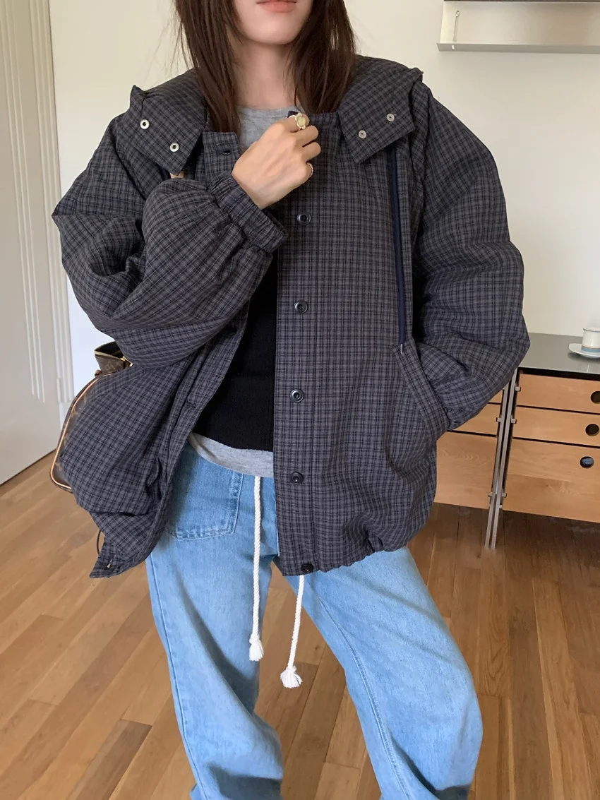 Parki damskie Alien Kitty z bawełny, klasyczne z kapturem, zimowe, codzienne, nowe, w kratę, luźne, szykowne, minimalistyczne, delikatne, do biura, na co dzień, model 2026.