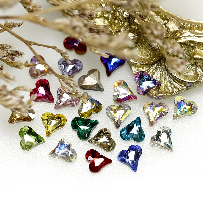 40PCS Pointed Bottom Crooked Heart Nail Rhinestones Charms K9 Glass Stone Gems Crystal Nail Art Decorations Manicure Accessories