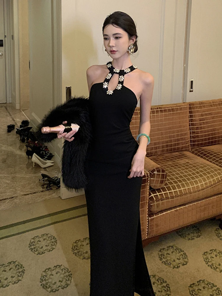Women Clothes Retro Black Elegant Luxury Sexy Strap Skinny Long Dress Fashion Evening Party Club Prom Vestidos Robe Summer Chic