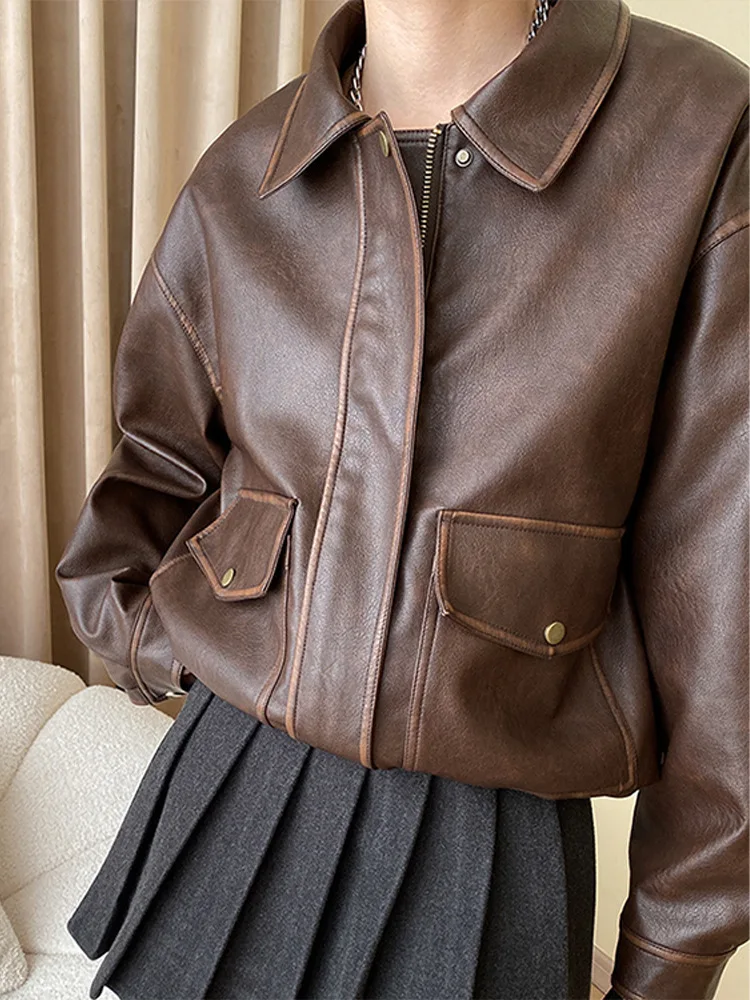 

Retro Leather Jacket Loose Casual Loose Fashionable Jackets Women's Zipper Coat Spring Autumn Edgy Women's Motorcycle Clothes