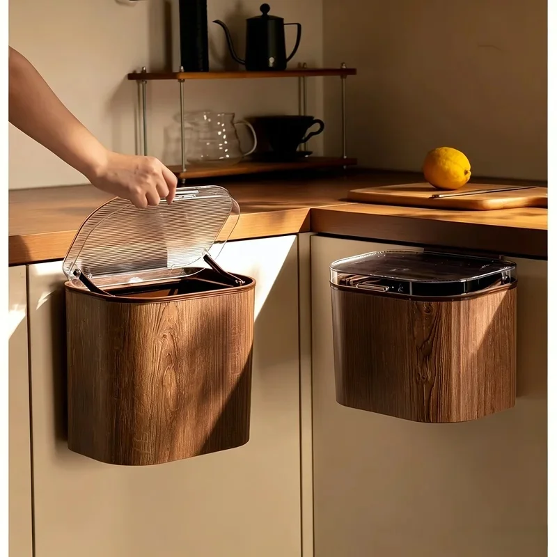 Small Flip Cover Hanging Kitchen Bin, No Drill Wood Grain Waste Container, Wall / Cabinet Door Mount Food Trash Can JJ5520