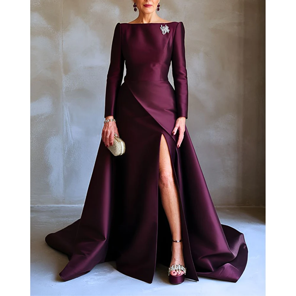 

Customized Elegant Evening Dresses Boat Neck Long Sleeve Floor-Length A-line Slit Dress Wedding Cocktail Party Mother's Dresses