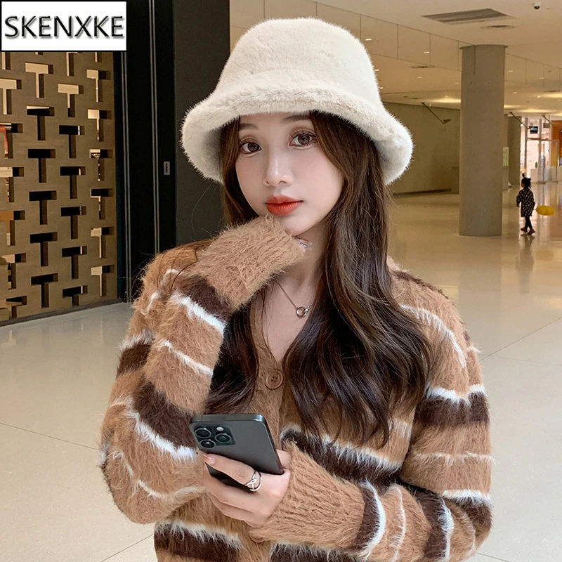 

Winter Girls Fashion Outdoor Hat Keep Warm Bucket Hats Hight Quality Faux Mink Fur Cap Europe And America Women Caps