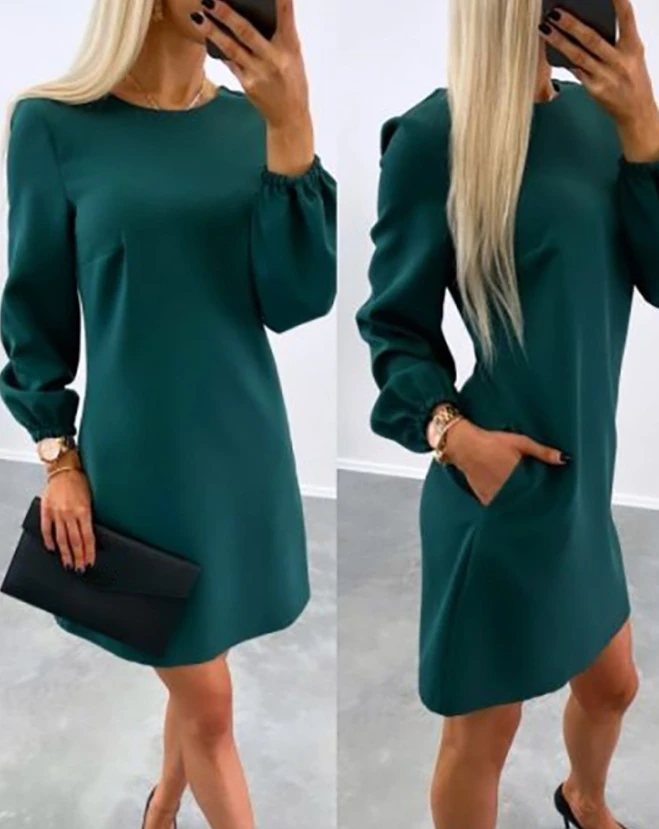 

Womens Dresses Spring Fashion Button Pocket Design Long Sleeve Elegant Plain O-Neck A Line Work Mini Dress Woman Clothing