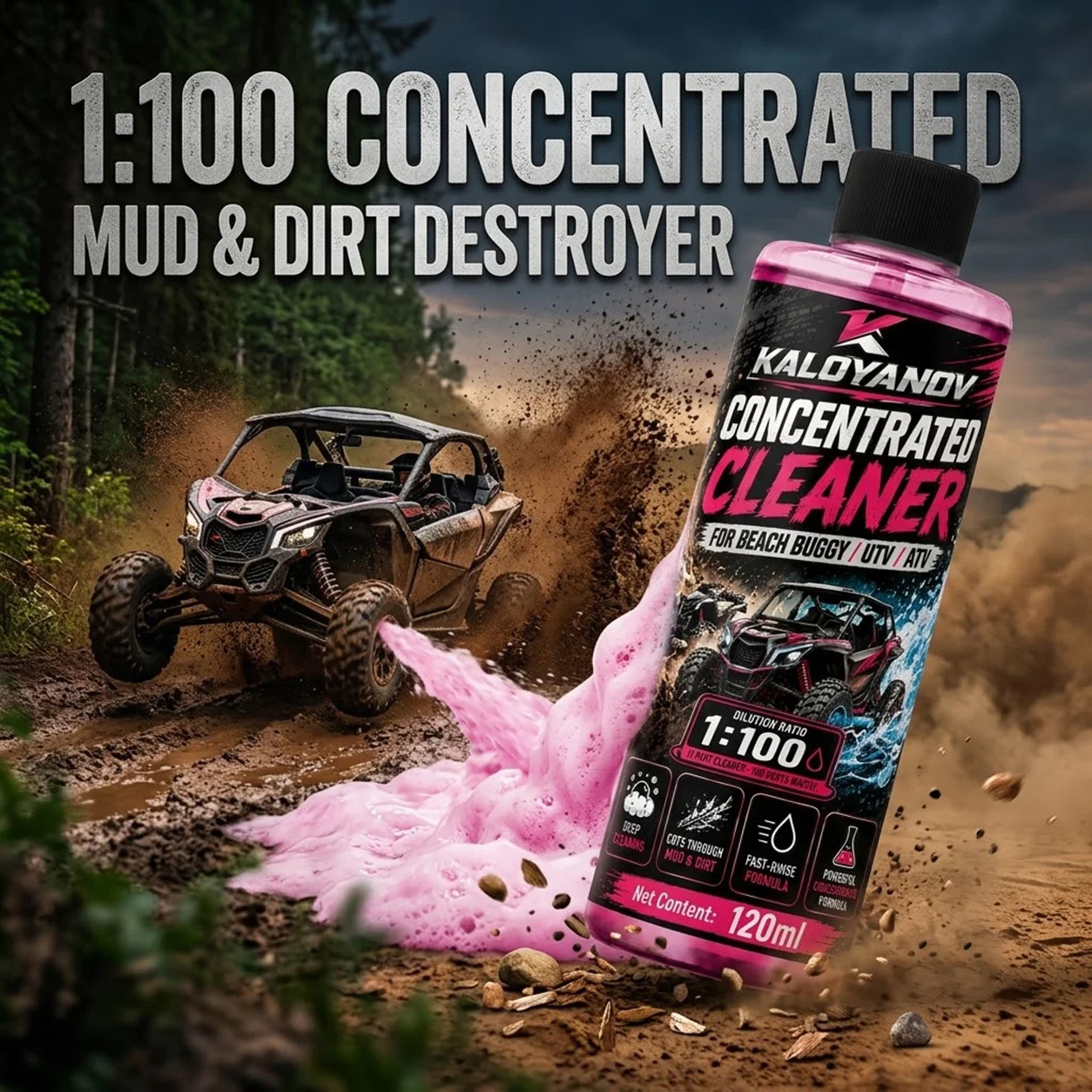 KALOYANOV Concentrated UTV & ATV Wash Cleaner 120ml - 1:100 Formula for Mud, Dirt & Grime on Beach Buggies & Off-Road Vehicles