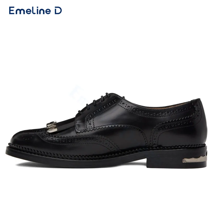 

Hardware Black Tassel Leather Shoes Brogue Carved Lace-Up Business Loafers Slip-On Fashionable Formal Casual Men's Shoes