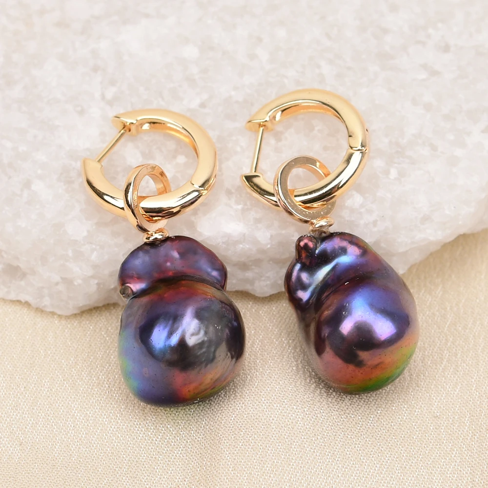 G-G Natural Black Keshi Baroque Freshwater Pearl Earrings Gold Plated hook For Women