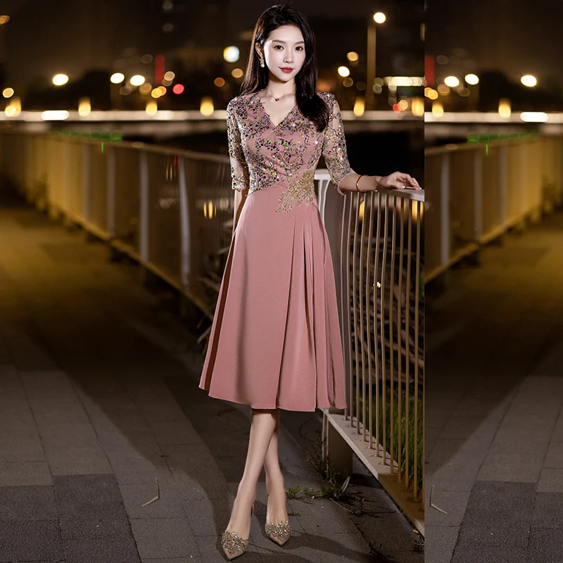 

Ele Simple Mommy Evening Gown Wedding Banquet Host Dr Suitable for Daily Wear ort Sve V-Ne A-Line Skirt