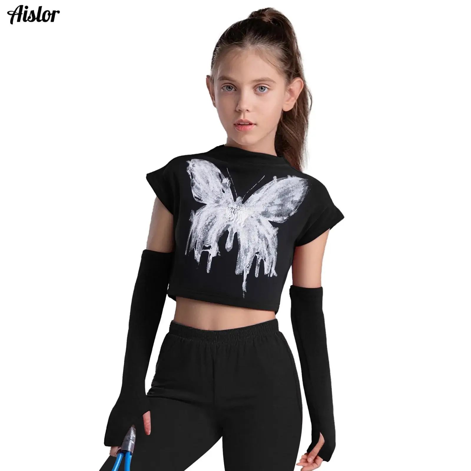 

Kids Girls Shirt Hip-Hop Jazz Dance Costume Butterfly Printed Crop Top Mock Neck Sleeveless T-shirt with Thumbhole Gloves Set