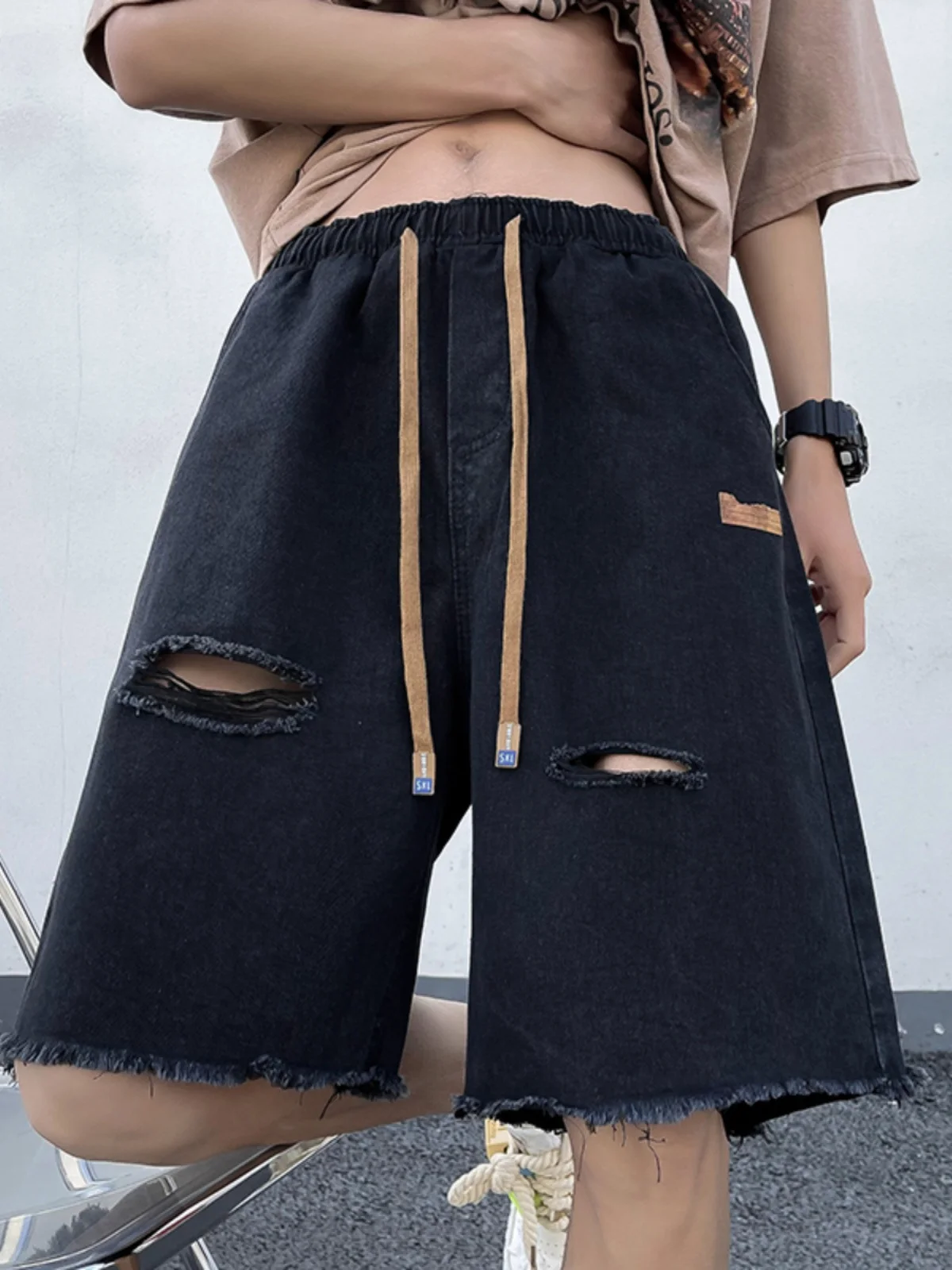 

Летние тонкие джинсовые шорты мужские, повседневные, со средней посадкой, прямые, с эффектом потертости, с дырками, в американском стиле, модель Five Points.