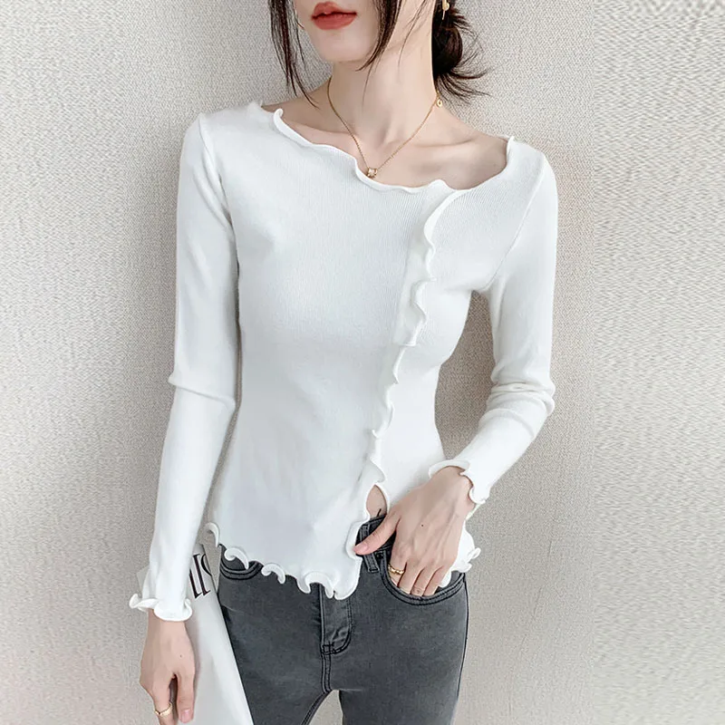 

Fashion Long Sleeve Knitted Sweater Women Pullovers Slim Ruffles O-Neck Knit Sweater Pullover Women Tops Sueter Feminino Q1696