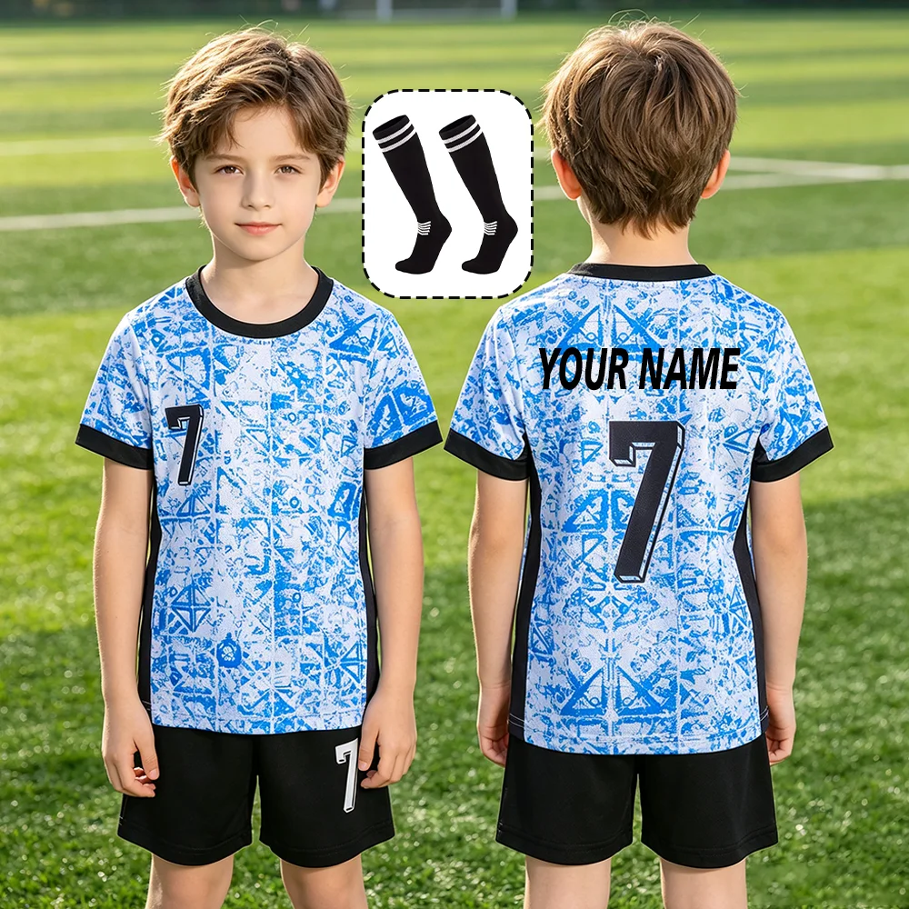 Kids Football Jersey Set Soccer No.7 Jersey Ice-blue Pattern T-shirt Short Socks Custom Name Number Teens Summer Sports Uniforms