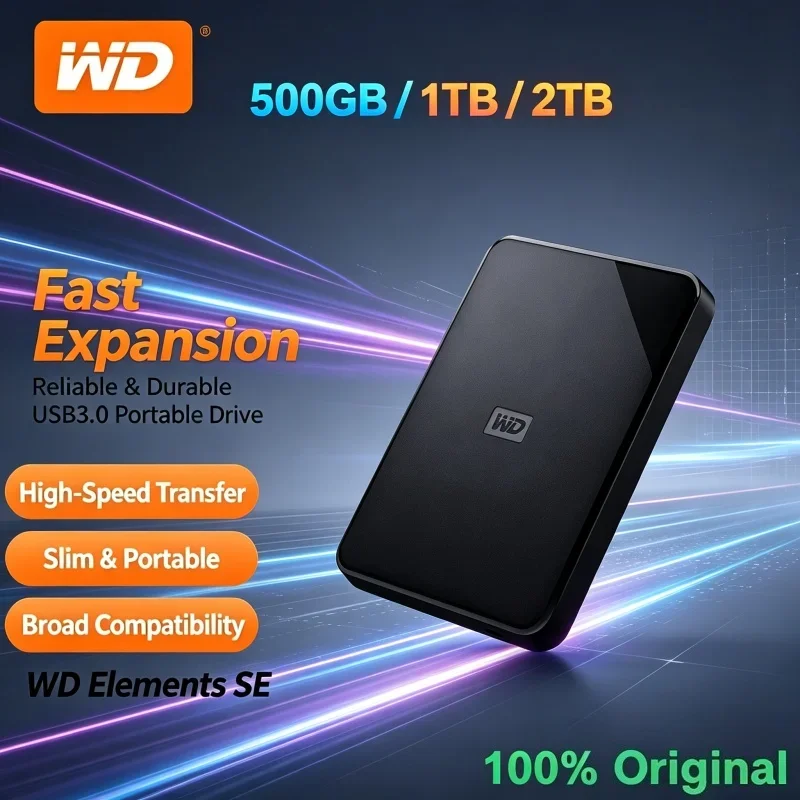 High Speed USB3.0 WD Elements 2.5 Inch Portable External HDD 1TB-4TB Large Capacity Hard Drive for Laptop Desktop Mass Storage