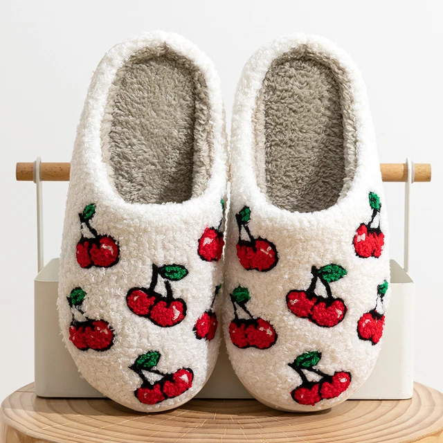 Ram Room Shoes women s Cherry Fur Plush Slippers Cozy Indoor Flat Slides