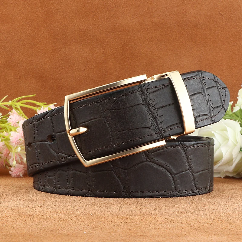High quality fancy vintage Khaki genuine leather fashion belts men pin buckle luxury jeans young men cintos masculinos