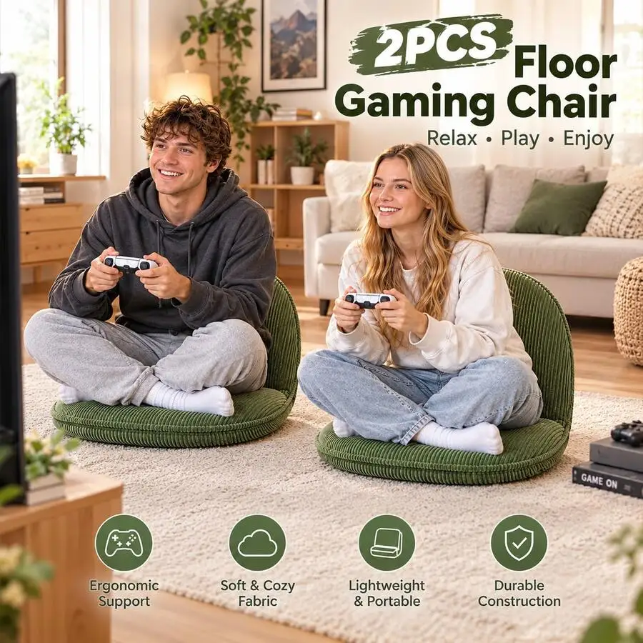 2pcs Gaming Floor Sofa With 5-Position Backrest – Easy To Store, Ergonomic Lazy Recliner In Deep Grass Green – Soft Cushion Seat