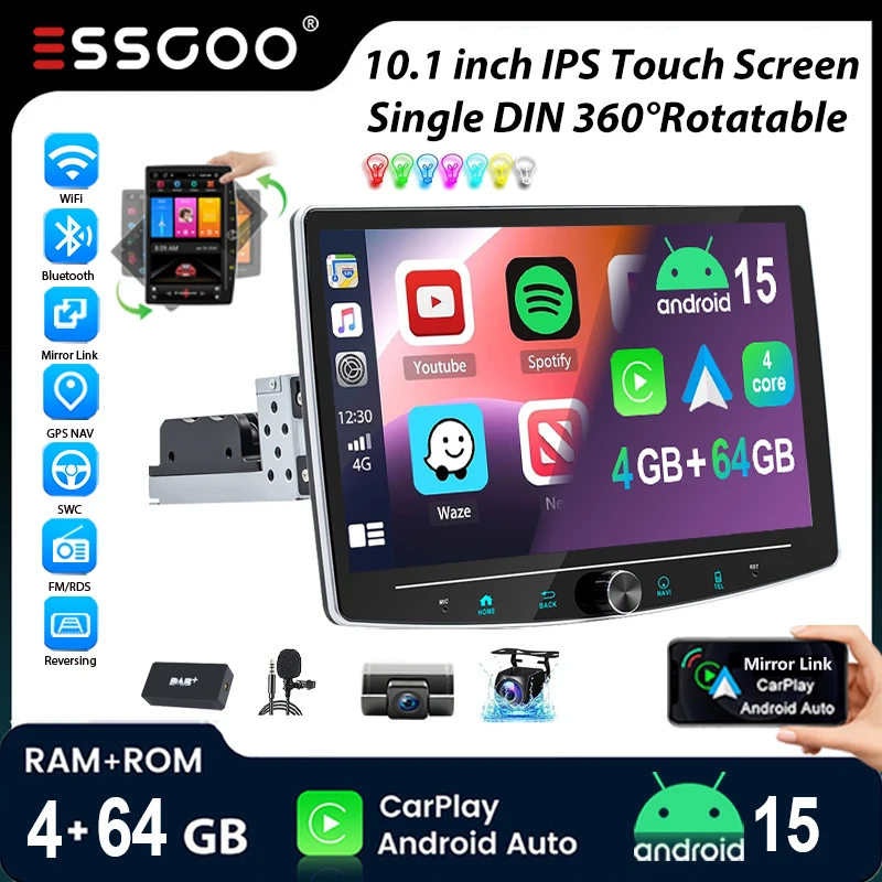 Autoradio Universel ESSGOO Android15 10.1" 4+64 Go / 2+64 Go 1 DIN Manuel Rotatable 360° Écran Tactile CarPlay Sans Fil Android Auto GPS Navigation Bluetooth Micro WiFi Commandes au Volant Mirror Link