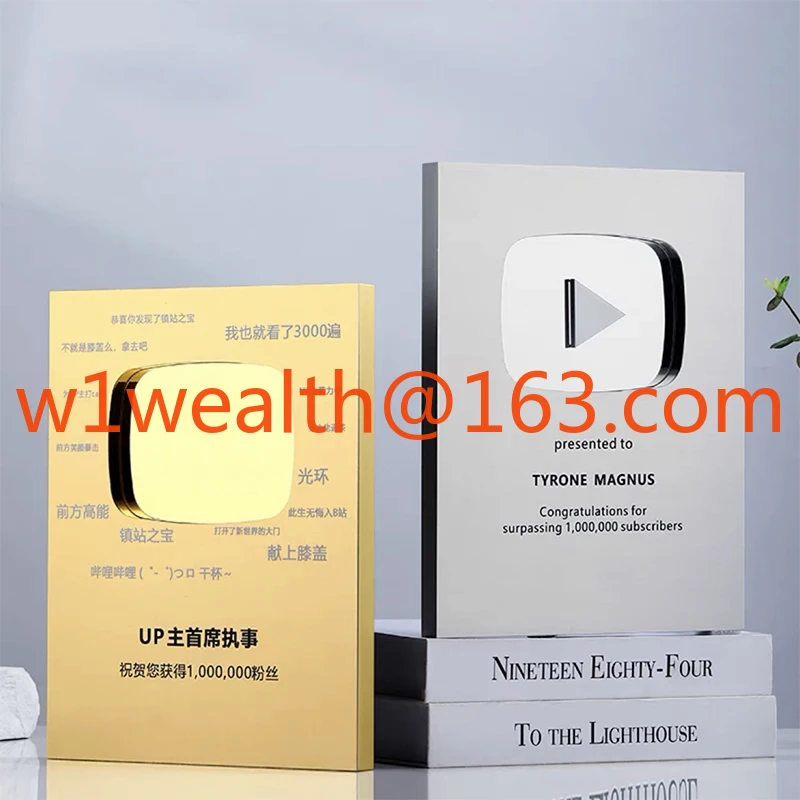 الذهب والفضة المعادن الجوائز اللوحات الليزر محفورة الأشعة فوق البنفسجية طباعة شعار يوتيوب جوائز الكأس اللوحات الميداليات