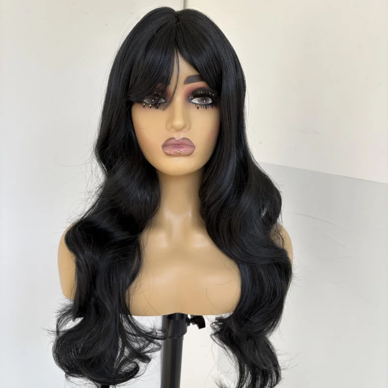 

Dress Up Wigs With Fringe Heat Resistant Hair Layered Long Wavy Women Black