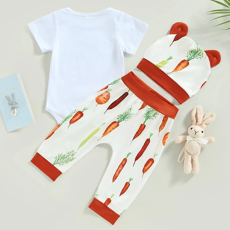 AdTosBaby-Ensemble de Tenue de Pâques pour Fille et Garçon, Barboteuse Rose à Imprimé Lapin, Pantalon à Imprimé Carotte et Chapeau Assressenti