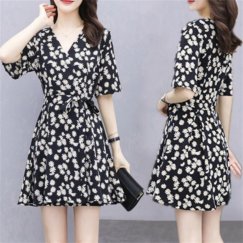 Set of Summer Fashion Lace-Up Dress and Shorts Set of Women\'s Slim Chiffon Shorts Two piece Set Pant Suits V-Neck Dress Print