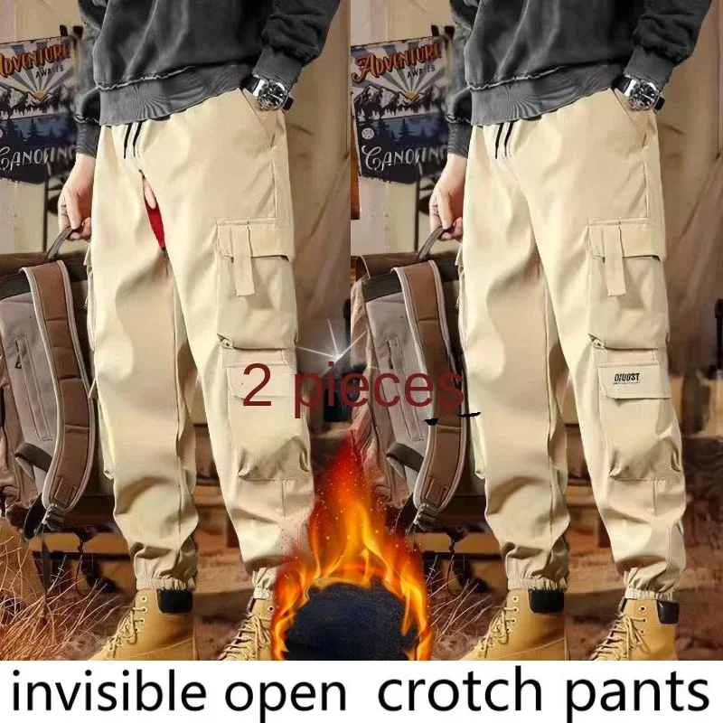 

Invisible open-backed pants in autumn and winter plus velvet overalls men's loose multi-pocket plus size casual pants