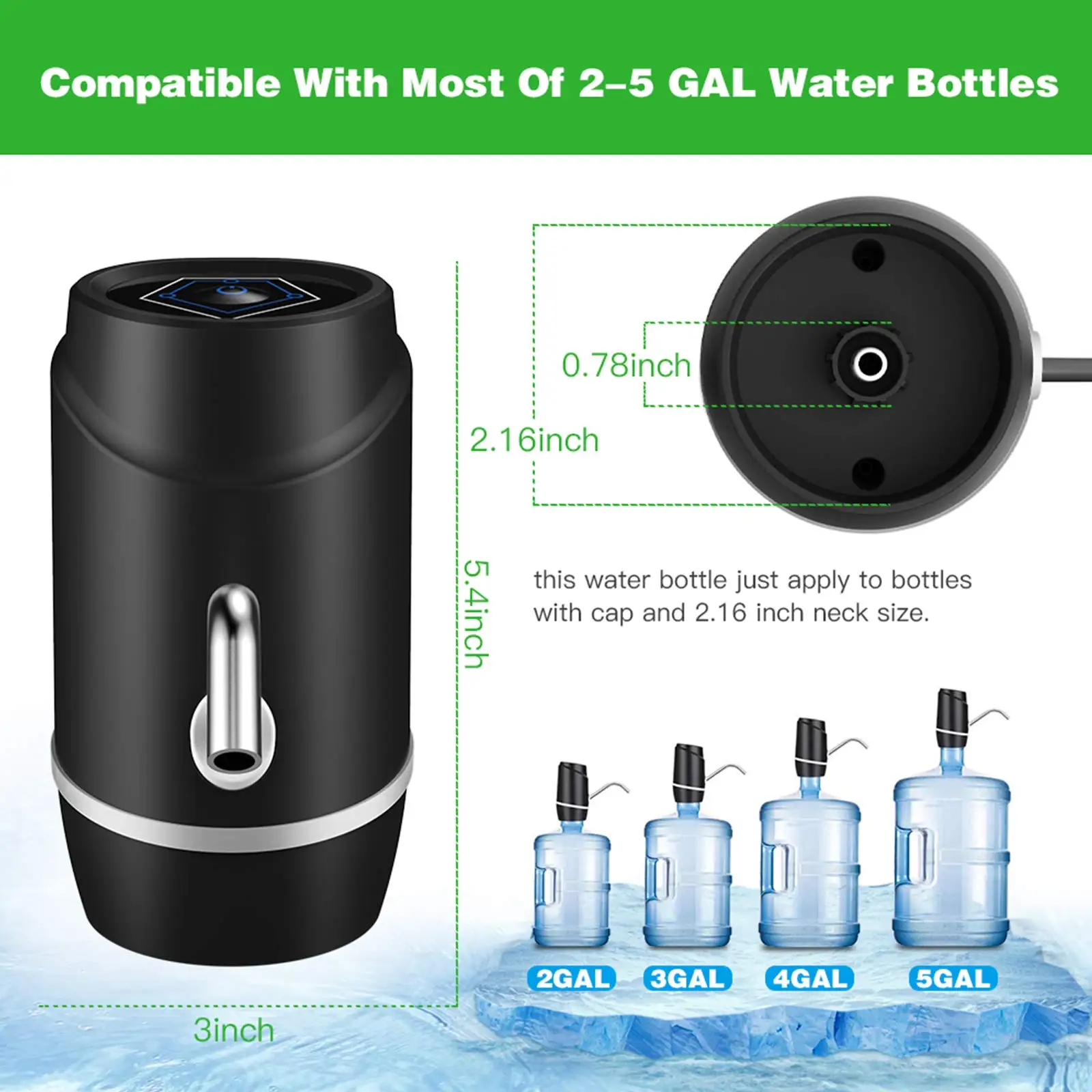 5 Gallon Electric Drinking Portable Water Dispenser, Universal USB Charging Water Bottle Pump For 2-5 Gallons - Black