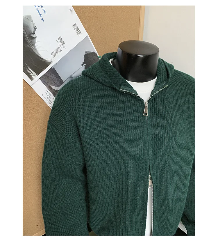 2026 New Autumn Winter Simple Solid Color Knitted Hoodie Men Japan Korean Fashion Casual Loose Double Zipper Hooded Jacket