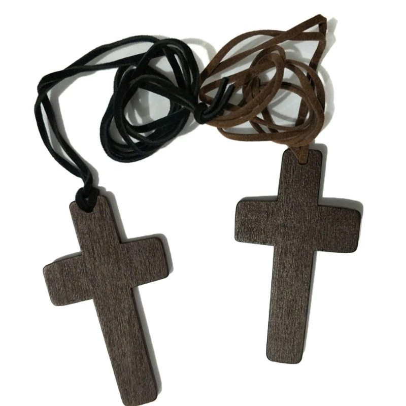 Vintage for Cross Crucifix Jesus Christ Necklace Plain Wooden Pendant Black Rope Bethlehem Jerusalem Holy Land Christian