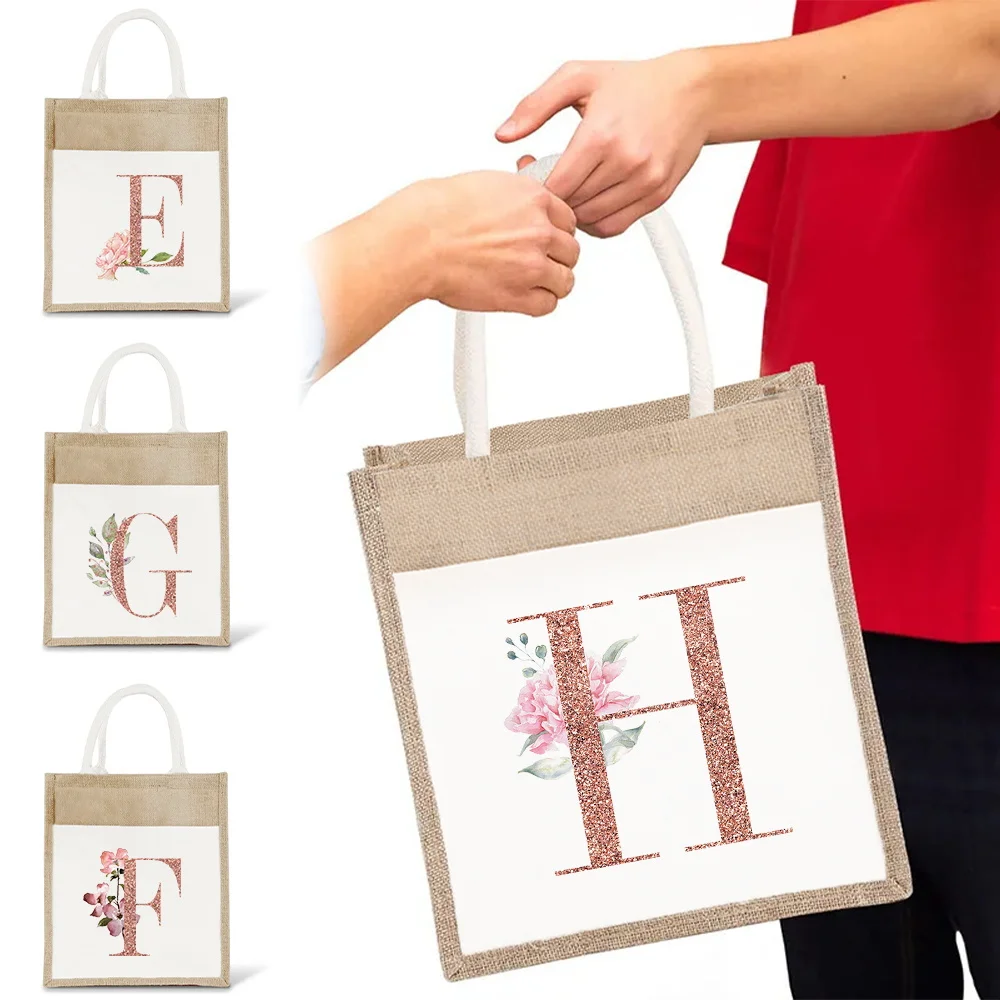 

Women's Shopper Bag Vintage Tote Bags Large Capacity Shoulder Bag Rose Gold Printing Linen Handbag Portable Organizer Pouch