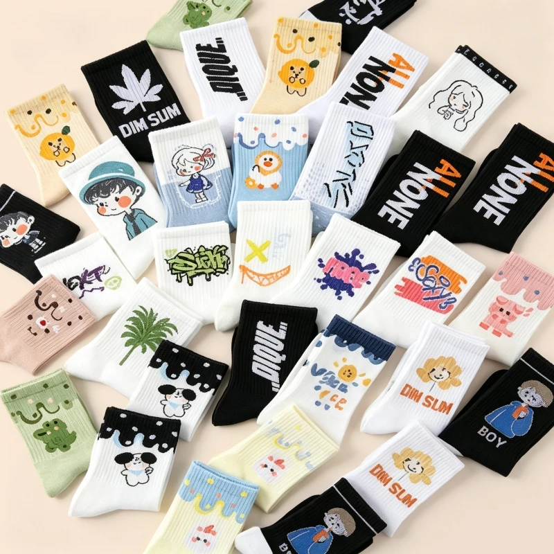 5/10/15 Dual Four Seasons Fashion Trendy Cartoon/Letter/Graffiti Series Patterns Versatile Comfortable And Casual Long Socks
