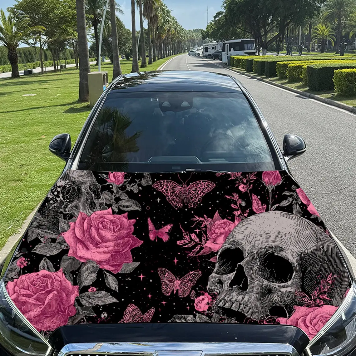 Car Decal Skull, Pink Roses, and Butterflies in Artistic Background & Gothic-Whimsical Visual Details Car Hood Sticker, Waterpro