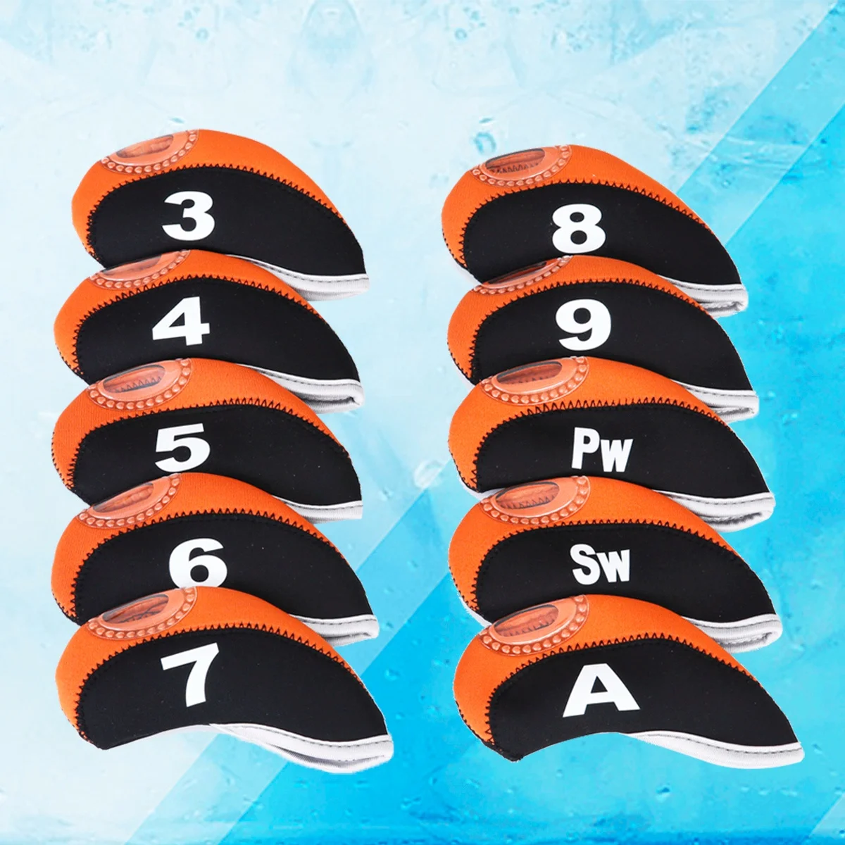 

10 pcs Golf Iron Head Covers Neoprene Water Resistant Club Covers Set For 3 4 5 6 7 8 9 A Clubs Black Orange