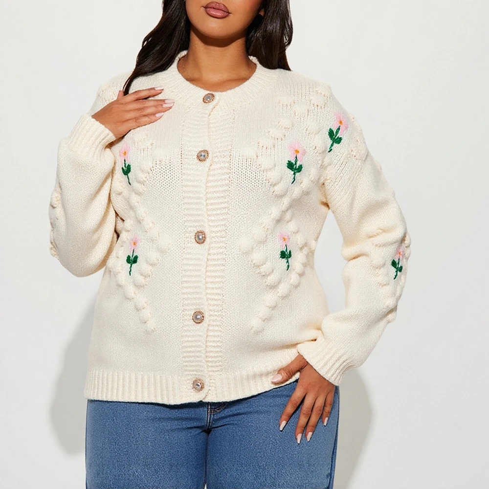 سترة نسائية مزهّرة بأكمام طويلة ورقبة على شكل حرف V وصدر واحد لطيف كاجوال للخريف والشتاء ملابس يومية مفتوحة من الأمام تريكو