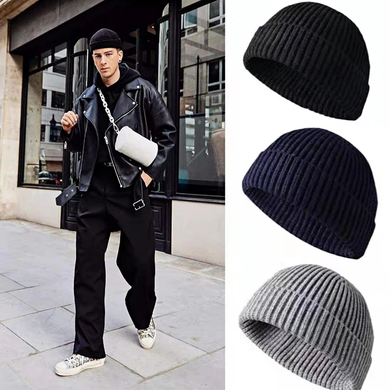 Winter Warm Unisex Wool Beanies Caps Fisherman Hat For Men Short Knit Watch Cap Cuffed Trawler Hats Hip Hop Bonnet