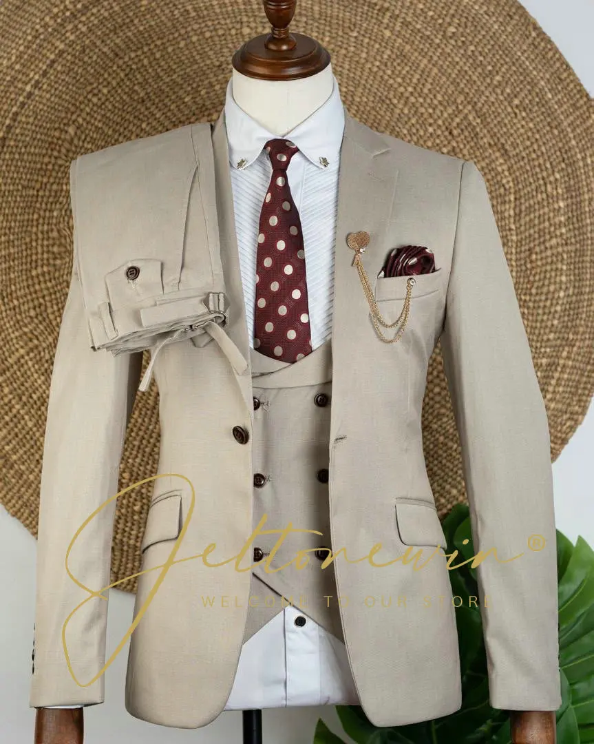 

Мужской бежевый костюм-тройка, классический формальный смокинг, жилет с двойными пуговицами, облегающий свадебный костюм для мужчин, смокинг Terno Masculino
