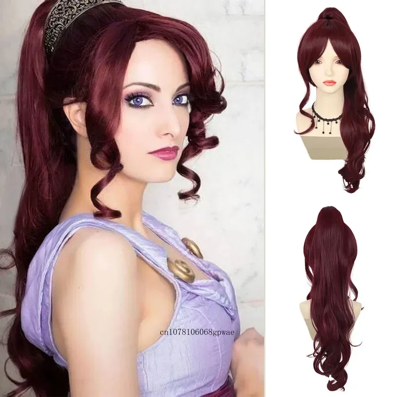 النبيذ الأحمر الأميرة تأثيري الباروكات الاصطناعية طويلة متموجة شعر مستعار مجعد مع الانفجارات وذيل حصان هرقل زي حفلة الهالوين الاستخدام اليومي