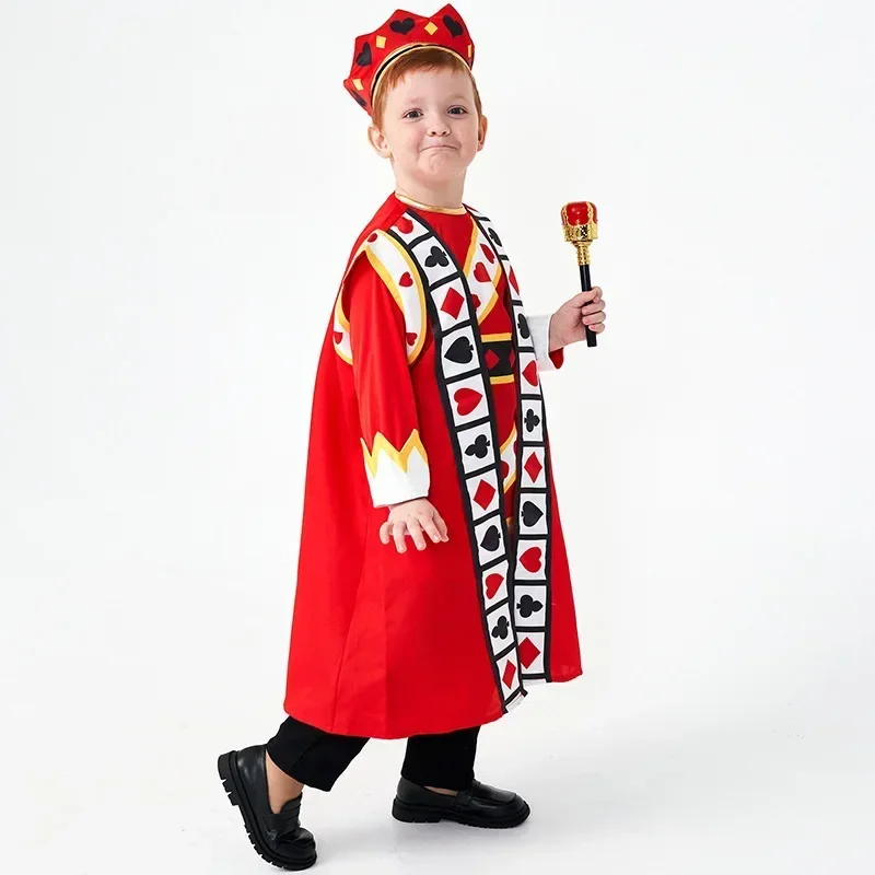 Disfraz de rey de corazones para niños, bata de rey de póker roja, corona de Alicia en el país de las Maravillas, disfraz de Halloween, Purim, traje de fiesta de Carnaval