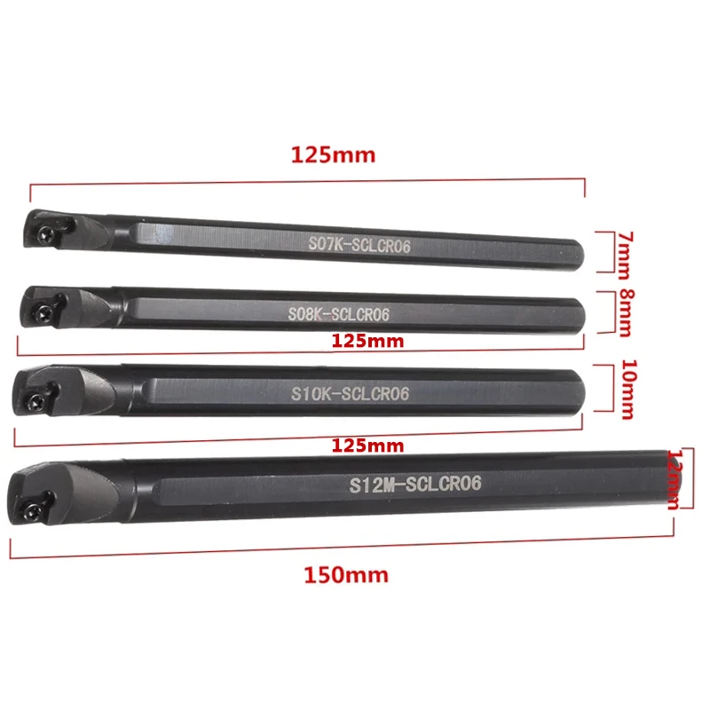 4Pcs 7/8/10/12mm SCLCR06 Lathe Boring Bar Turning Tool With 10Pcs CCMT0602 Inserts +4Pcs T8 Wrench