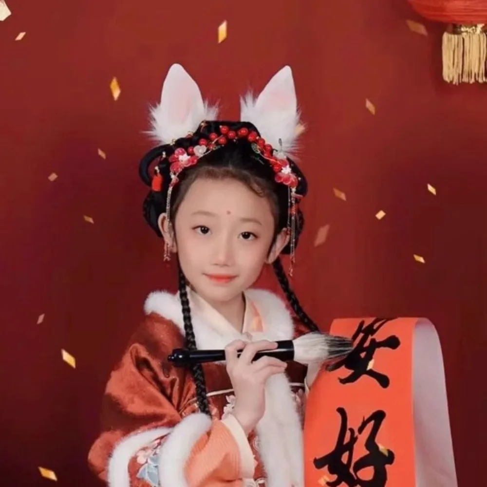 مقاطع شعر أذن أرنب السنة القمرية الجديدة |   حلي شعر كلاسيكية مستوحاة من Hanfu للأطفال، آذان فروي