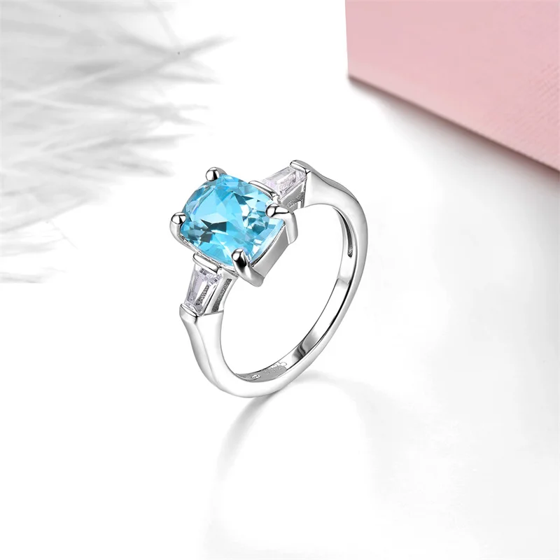 925 Pure Silver Ring for Women Girl Lady Fine Elegant Natural Genuine Blue Topaz Ring for Women Anniversary Gift