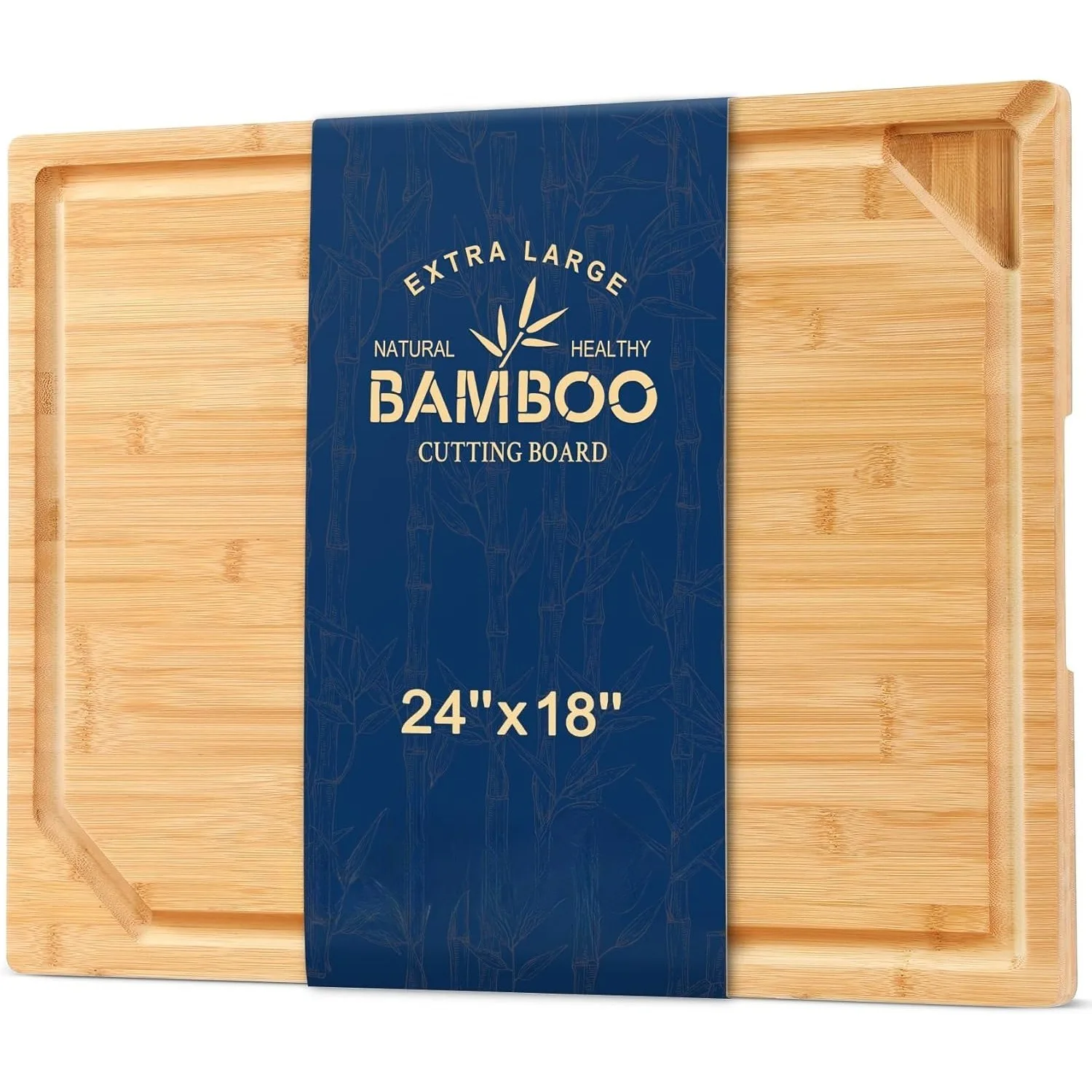 

Большая бамбуковая доска для столовых приборов 24 x 18, сверхмощная деревообрабатывающая разделочная доска с ручкой и корытом для сока