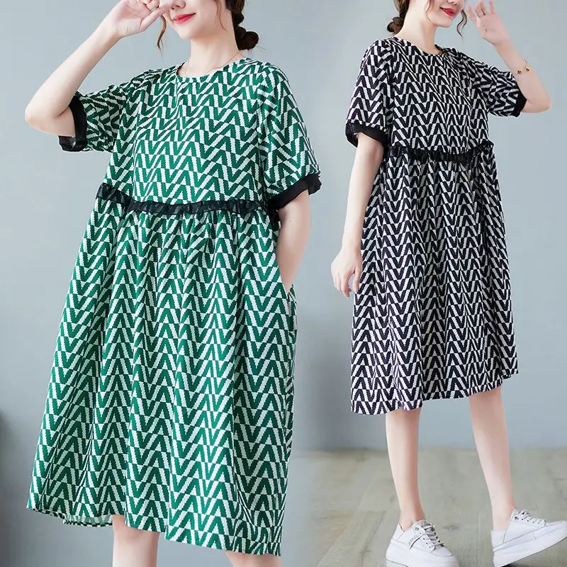 

Элегантная модная новинка Женская одежда 2023 с цветочным принтом круглым вырезом Свободные Лоскутные юбки до колена с коротким рукавом Простые платья