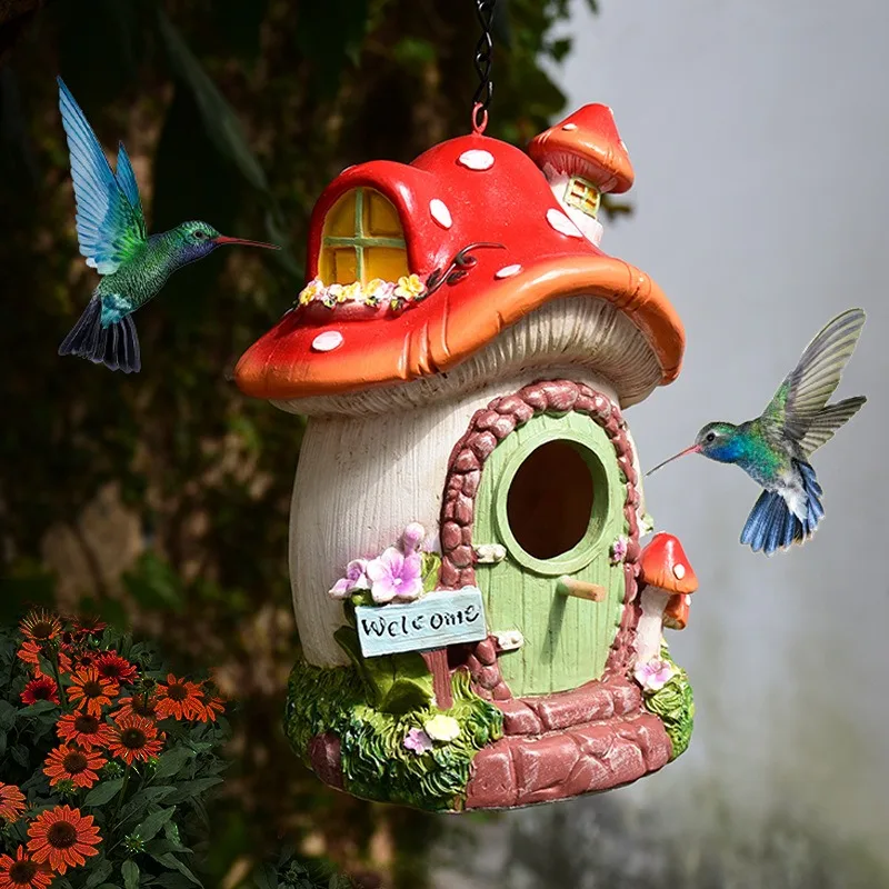 Creative Small Mushroom Birdhouse Hanging Ornament Garden Balcony Decoration Sculpture Landscaping Outdoor Waterproof Figurine
