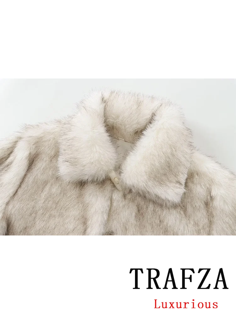 TRAFZA Vintage Chic Women Fur Jackets Solid Long Sleeve Turn-down Collar Short Coats New Fashion 2024 Autumn Winter Outwears