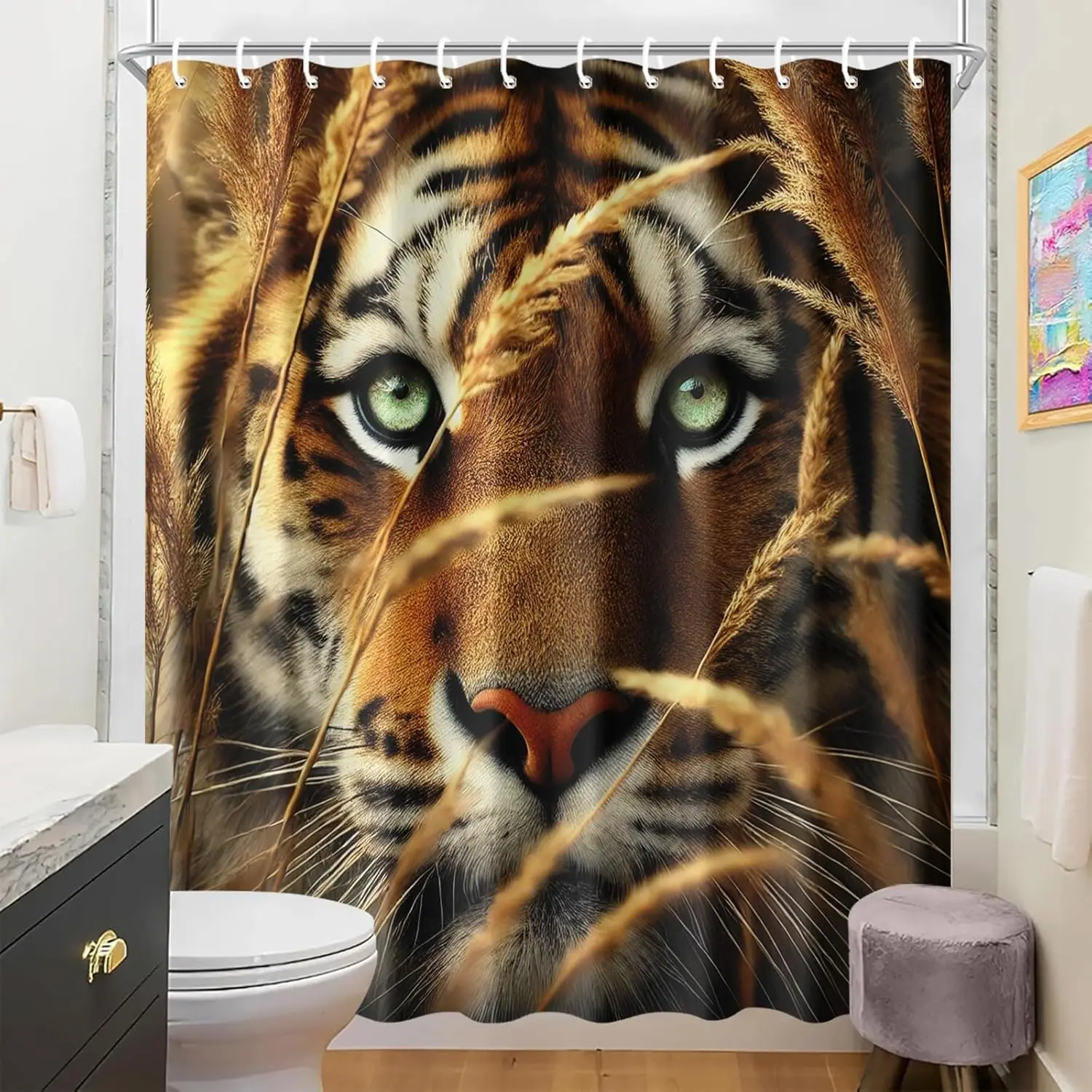 

Занавеска для душа с изображением тигра, реалистичная занавеска для ванной комнаты с изображением животных джунглей, дикая природа, дизайн крупным планом, ткань для сафари или деревенского декора