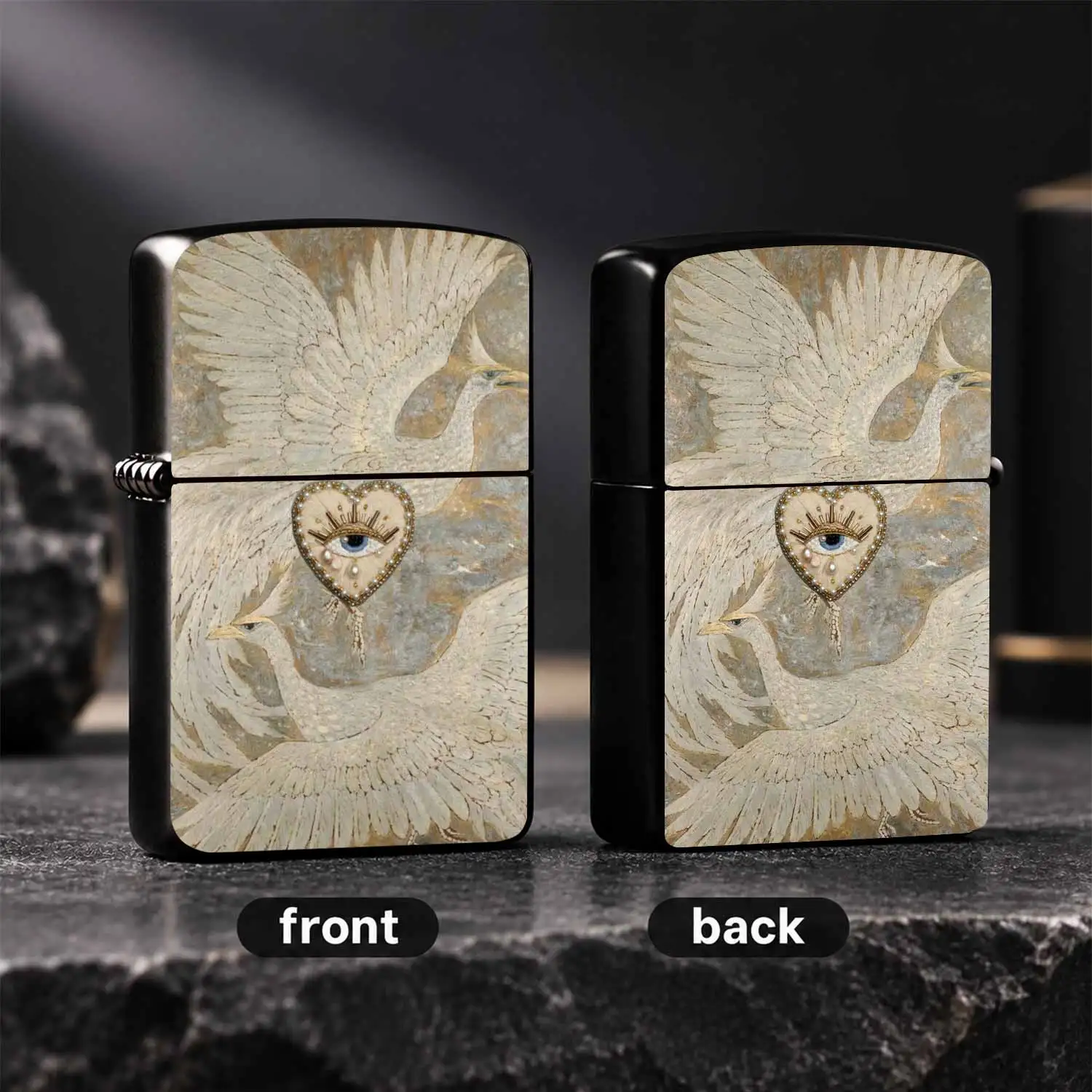 Retro Art Style Lighter With Pattern Of Two White Divine Birds Guarding All-Seeing Eye In Pearl Heart, Exquisite Aesthetic Portable Accessory For Daily Use Gatherings Gifting, Unique Artistic Sophisticate A Humorous And Interesting Lighter