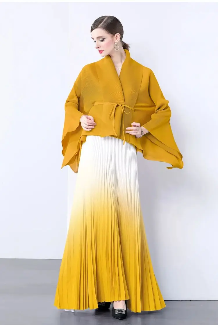 Miyake Gradient Pleated Fashion 2 Pieces Set Women\'s Irregular Belt Bat Sleeve Top + A-Line Long Skirt Elegant Holiday Party Set