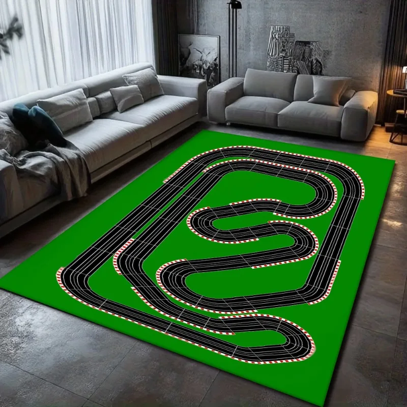 Race Track Pattern Carpet Green Racing Track Kids Play Mat Interactive Education Home Decor Soft Non-Slip Rug for Living Room